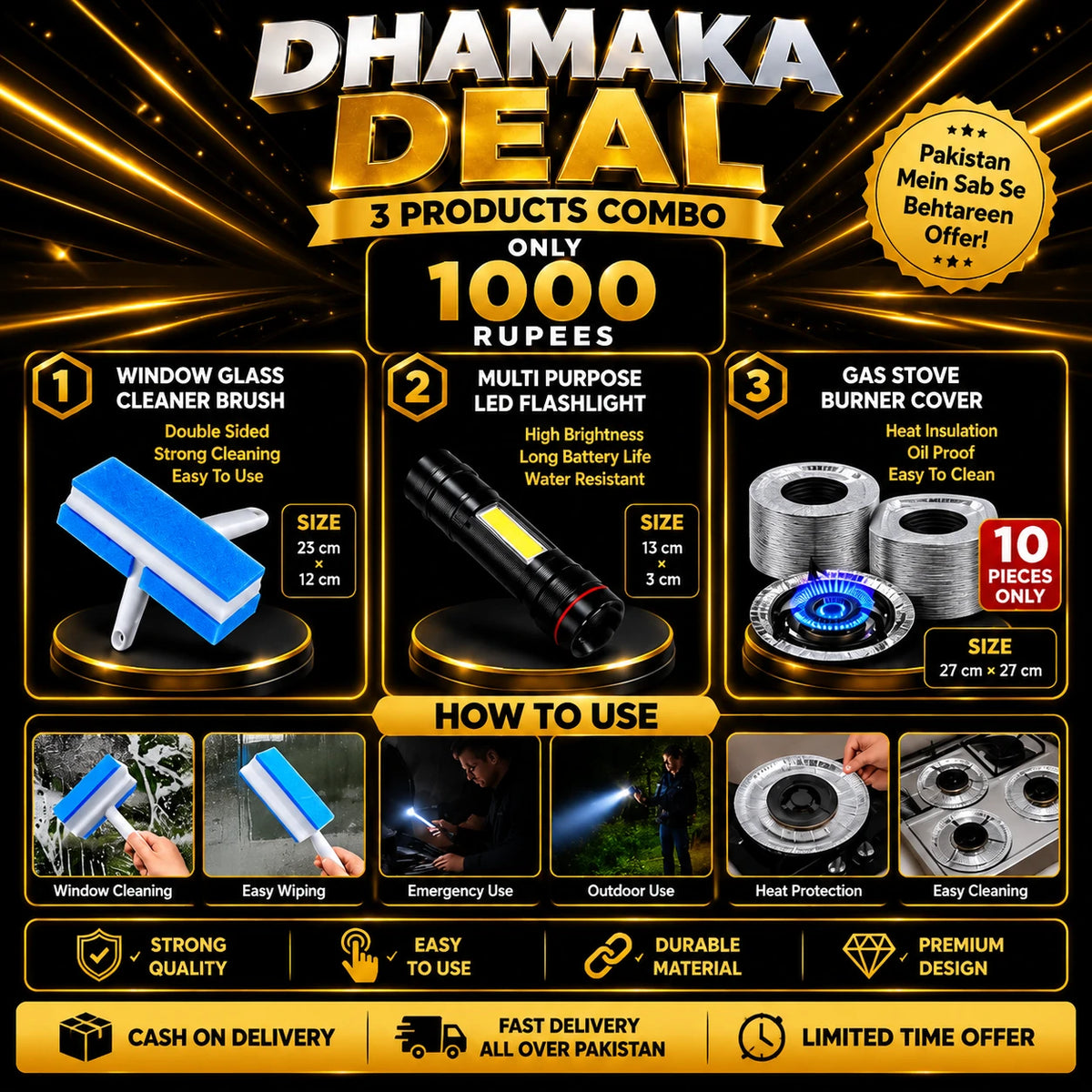 Home Gadget Combo Deal Pakistan | LED Flashlight + Kitchen Tools + Cleaning Products 1000 Rs
