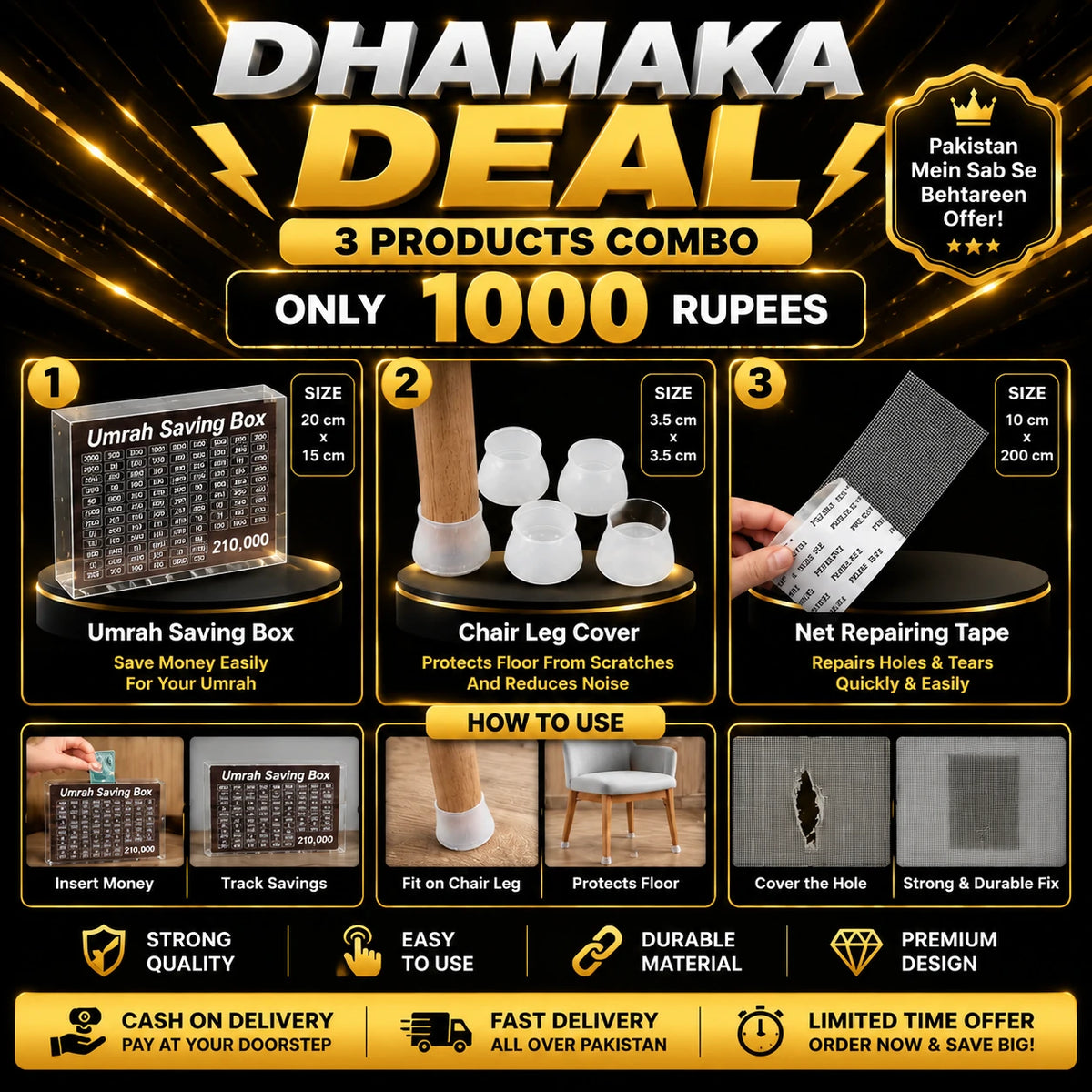 Home Organization Combo Deal | Saving Box + Chair Leg Protector + Repair Tape 1000 Rs