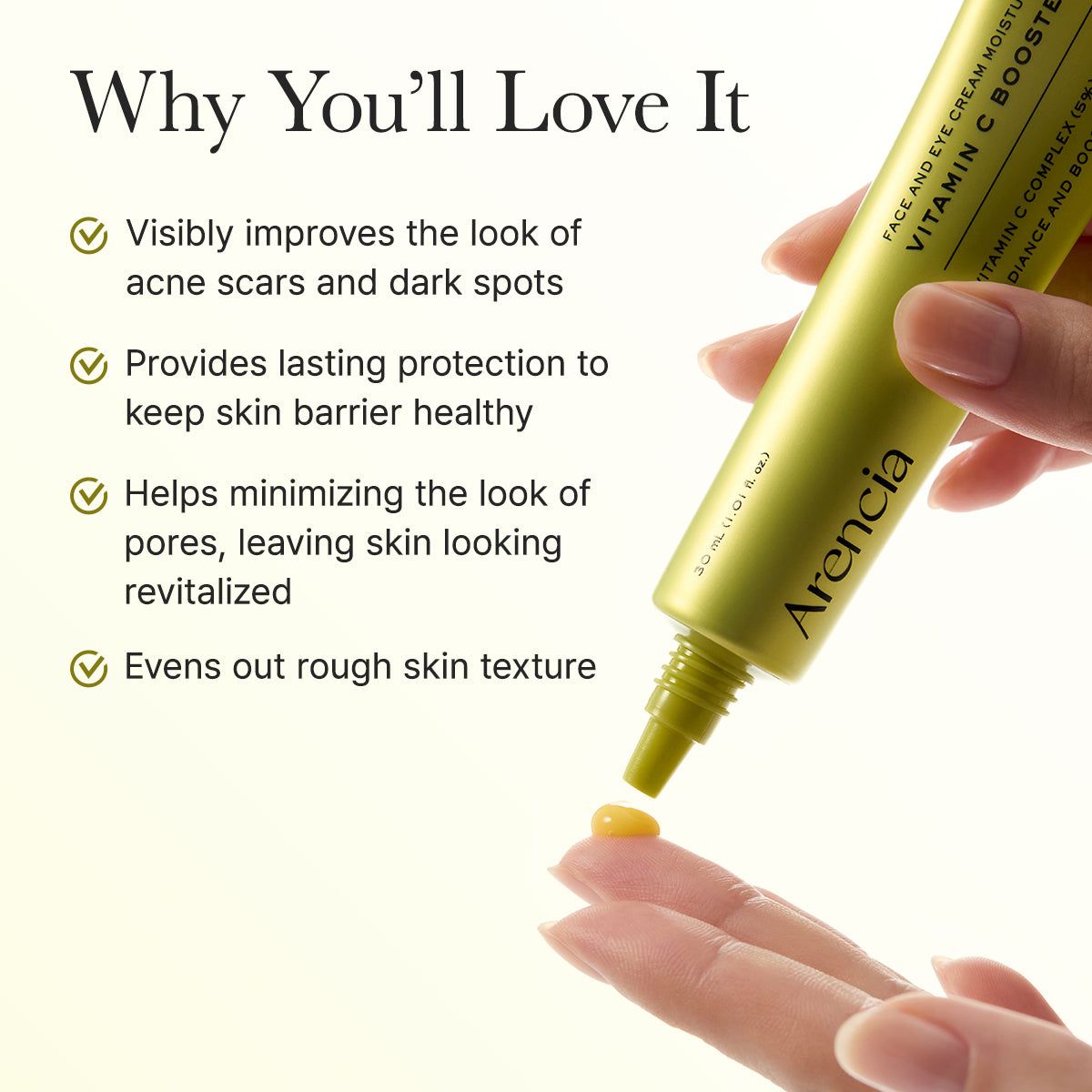 Arencia Vitamin C Booster cream texture on fingertip