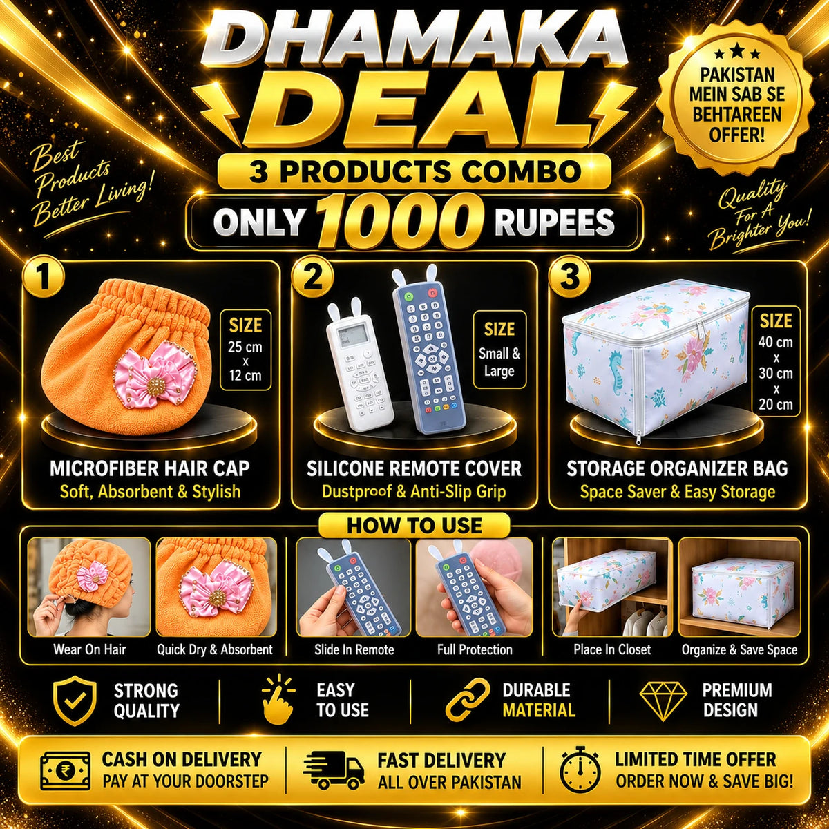 Home Storage & Kitchen Accessories Combo Deal | Hair Cap + Remote Cover + Organizer Bag 1000 Rs