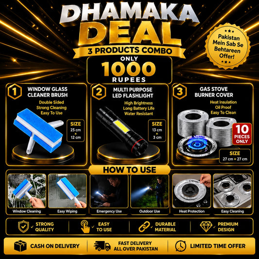 Cleaning & Kitchen Combo Deal 1000 Rs | Window Cleaner Brush + LED Flashlight + Burner Cover | SB Collection