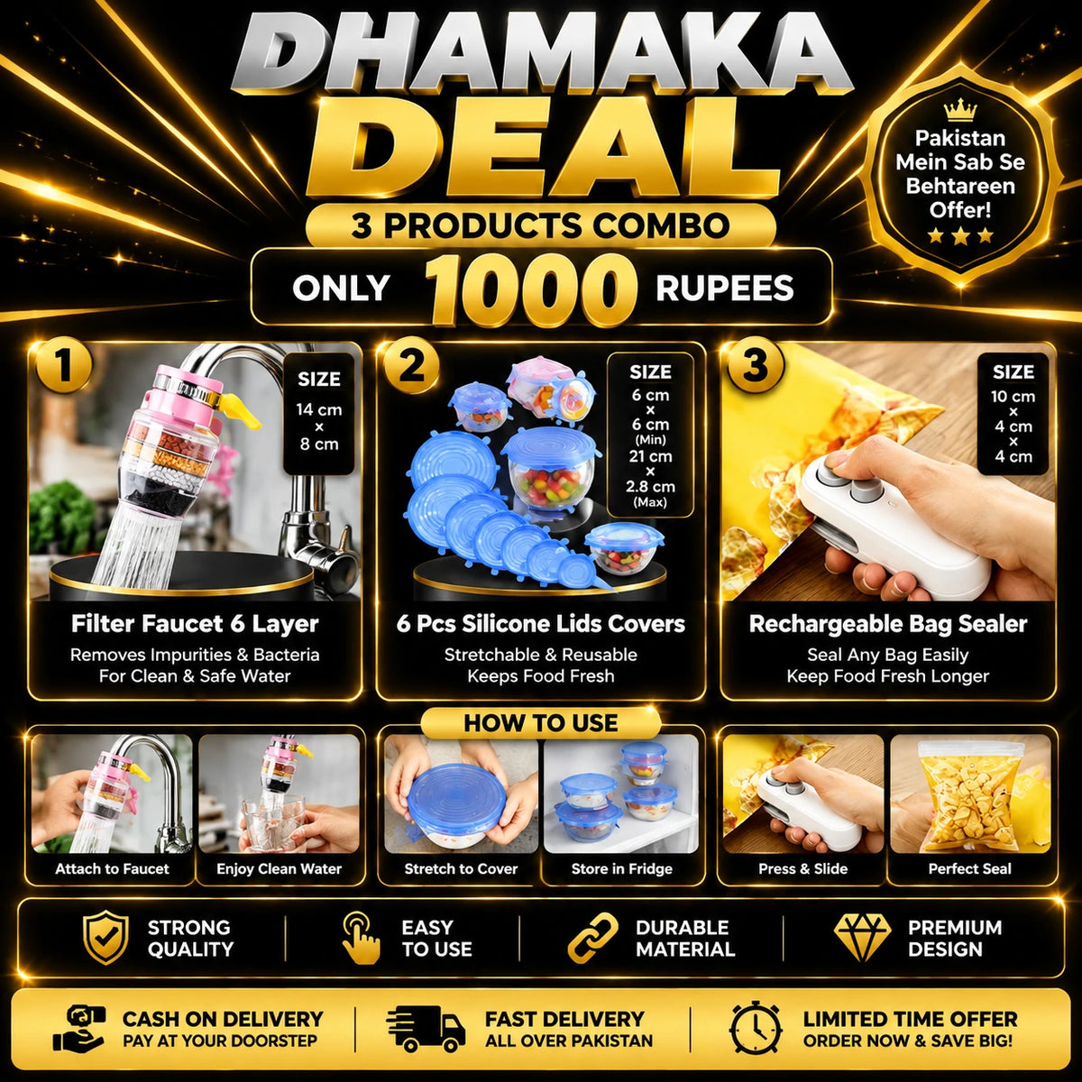 Kitchen & Home Utility Combo Deal 1000 Rs | Faucet Filter + Silicone Food Covers + Bag Sealer