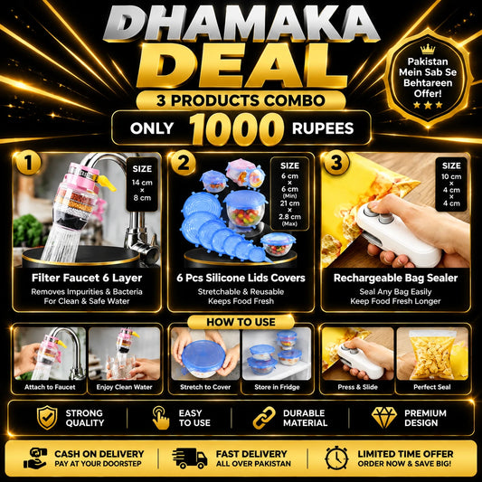Kitchen & Home Utility Combo Deal 1000 Rs | Faucet Filter + Silicone Food Covers + Bag Sealer