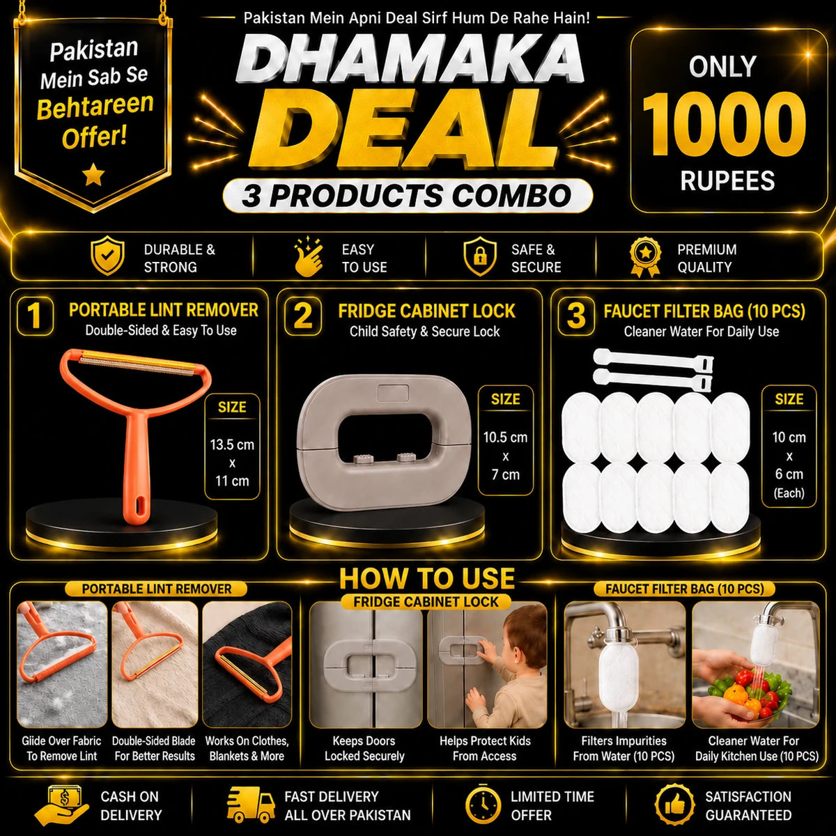 Home Utility Combo Deal 1000 Rs | Lint Remover + Fridge Lock + Faucet Filter Bags | SB Collection