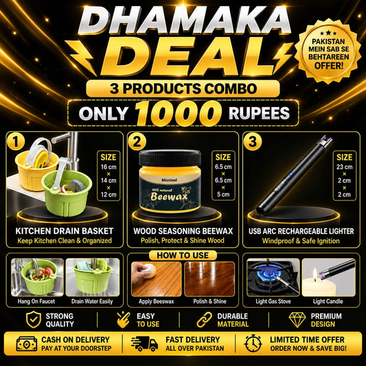 Kitchen Combo Deal 1000 Rs | Drain Basket + Wood Beeswax + USB Arc Lighter | SB Collection
