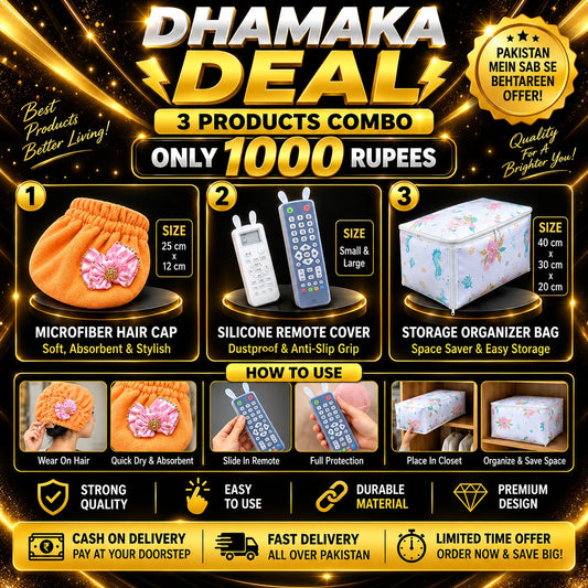 Home Storage & Kitchen Accessories Combo Deal | Hair Cap + Remote Cover + Organizer Bag 1000 Rs