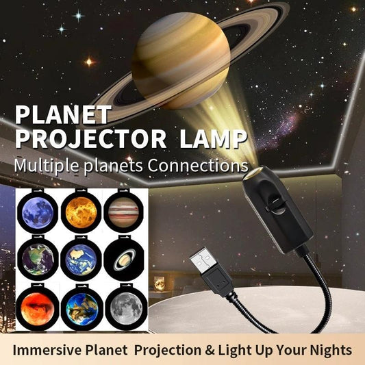 Planet projector lamp with USB cable projecting Saturn on bedroom ceiling